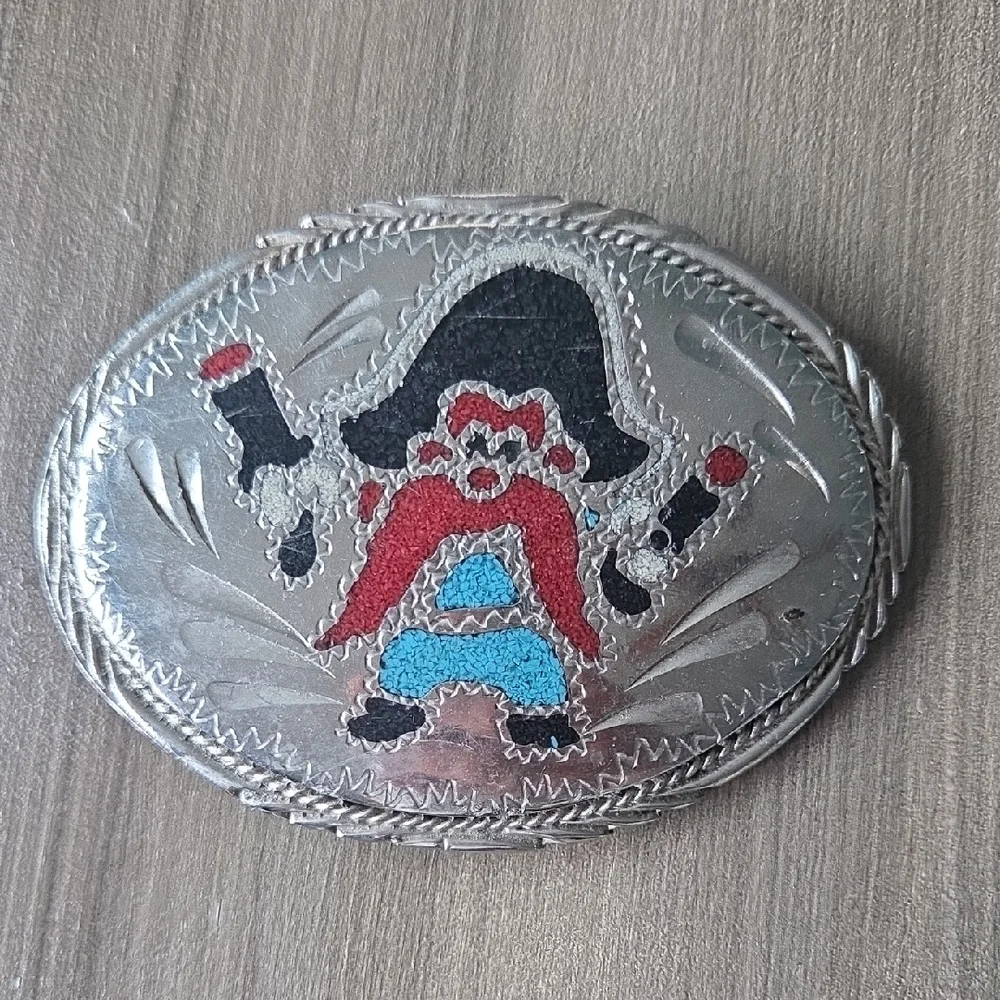 Vintage Yosemite Sam Turquois And Coral Chip Inlay Belt Buckle